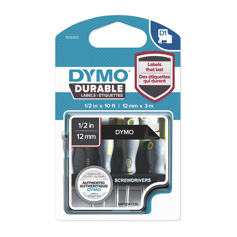 D1 Durable White on Black 12mm x 3m