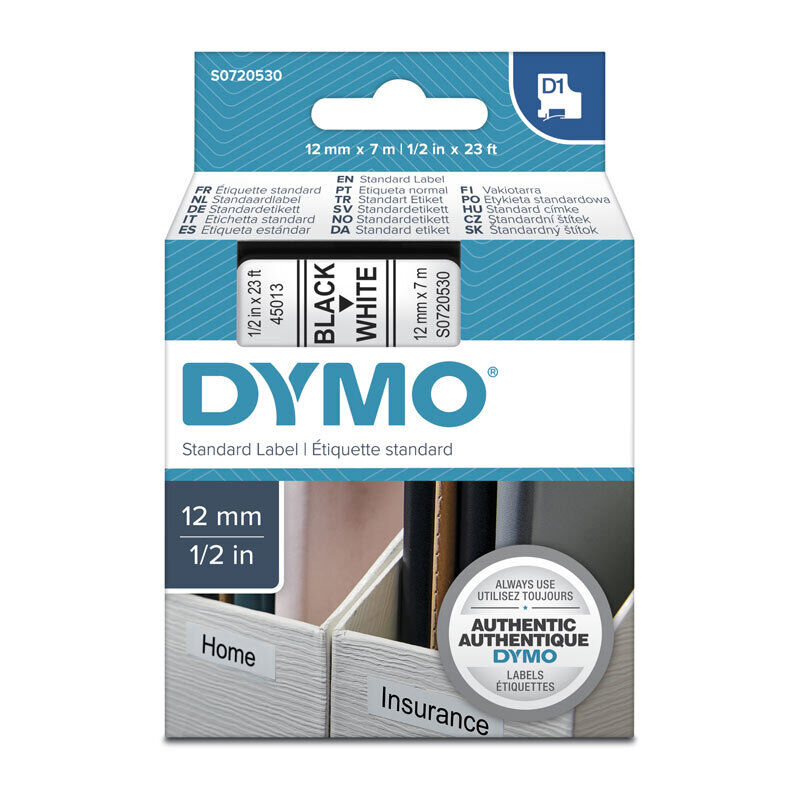 D1 Black on White 12mmx7m Tape